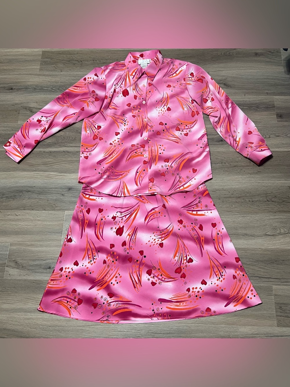Susan Graver Style Skirt & Top Set Women's Large Pink Button Up Pull On NWT